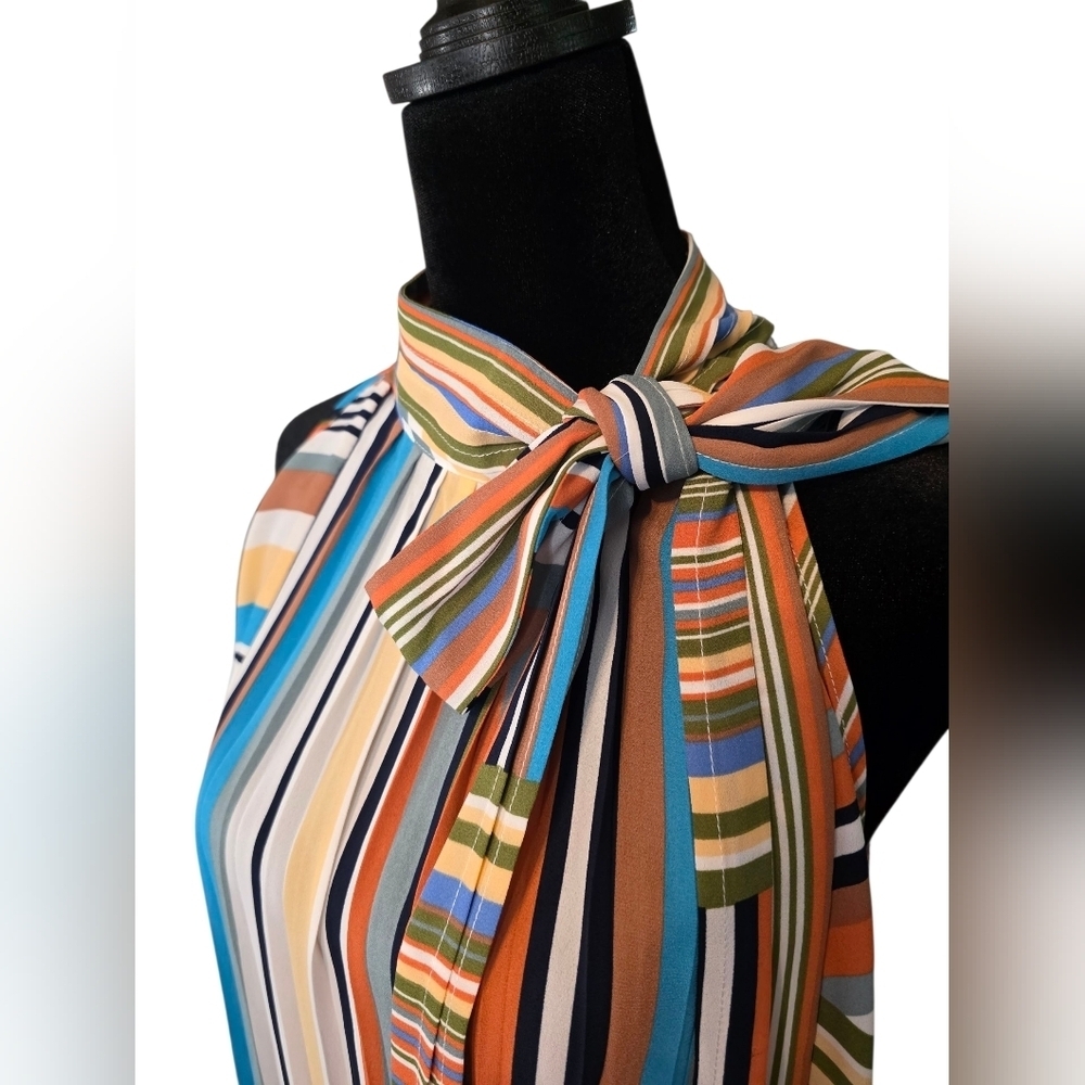 NY&C 7th Avenue Studio Striped Sleeveless Scarf Tie-Neck Blouse XL Flowy Pleated - Picture 2 of 9